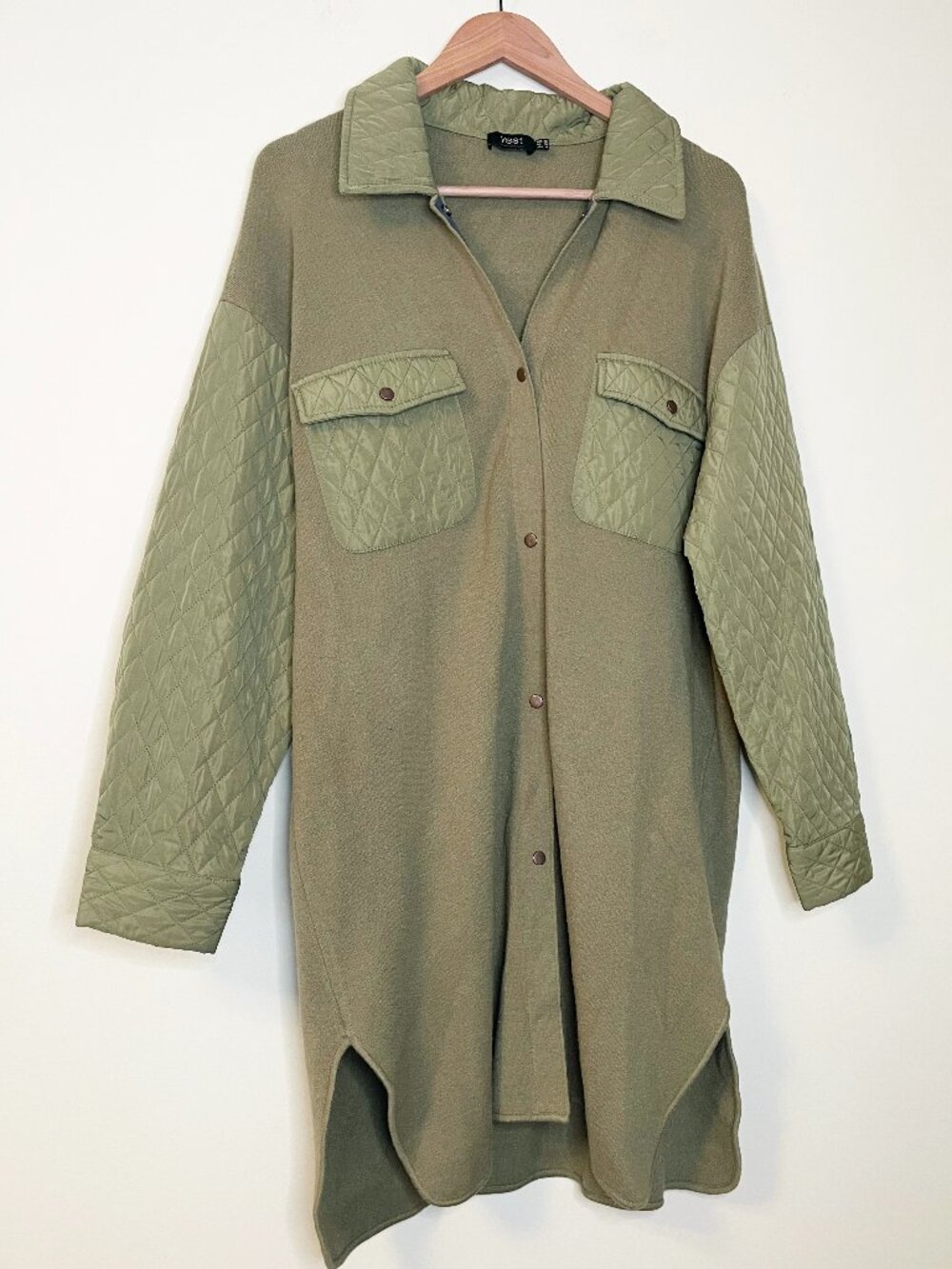 Yest Netherlands Olive Green Quilted Long Shacket Coat Size 10 Relaxed Oversized